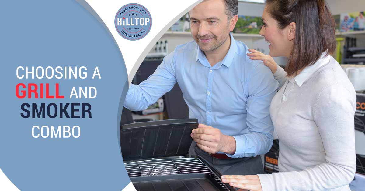 Image of a couple at HiLLTOP, selecting a grill and smoker combo, emphasizing the process of choosing the perfect outdoor cooking equipment. This image complements the page's context by showcasing an engaging shopping experience for barbecue enthusiasts.